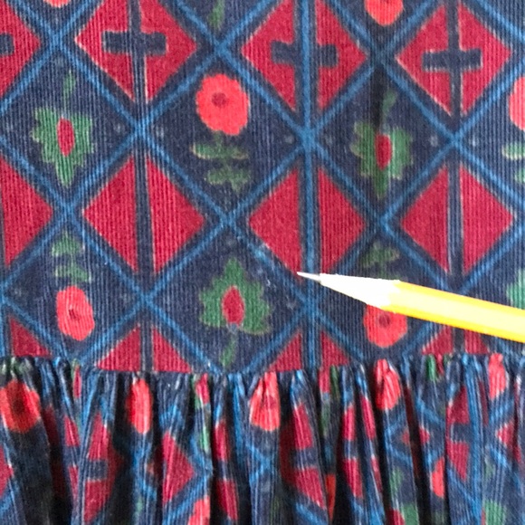 Laura Ashley Vintage Diamond/Floral Corduroy Dress Navy/Red/Green w/Belt Sz US 8 - Picture 17 of 17